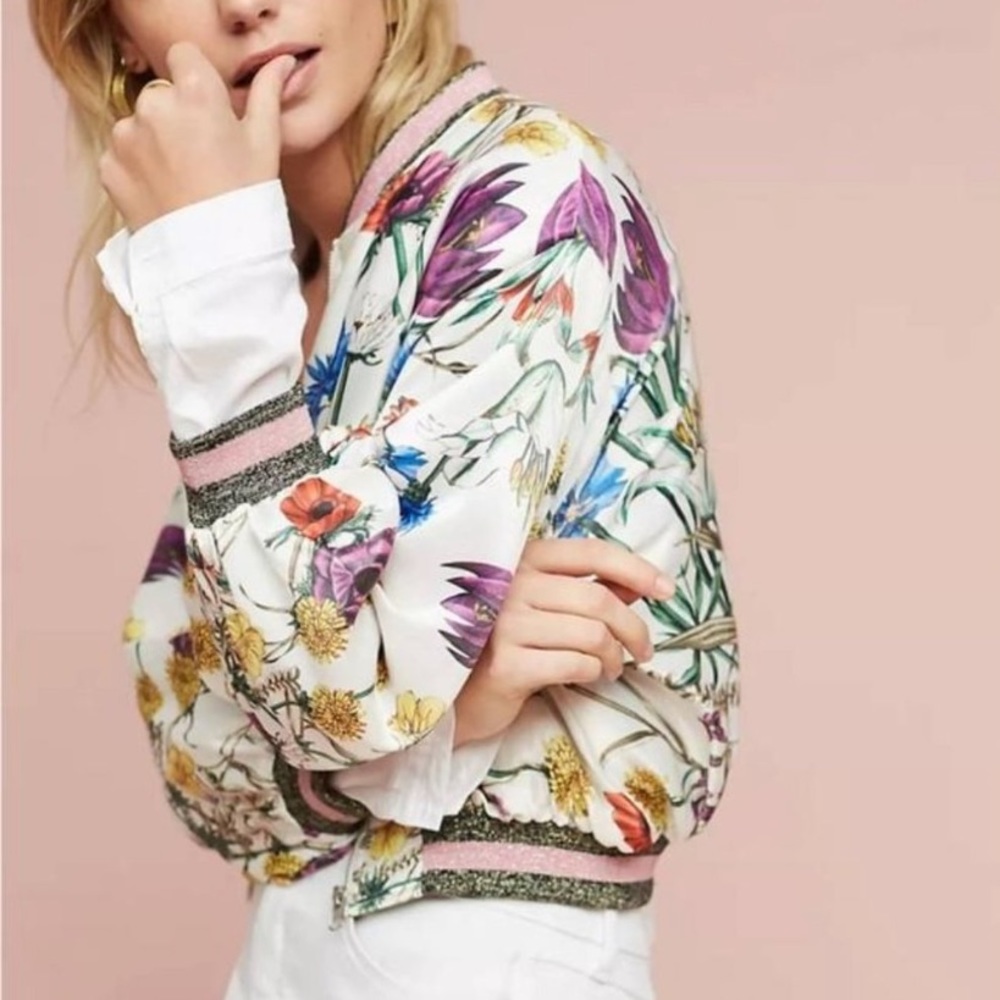 SOLD Anthropologie Elevenses Rubie Floral Satin Bomber Jacket - Picture 1 of 9